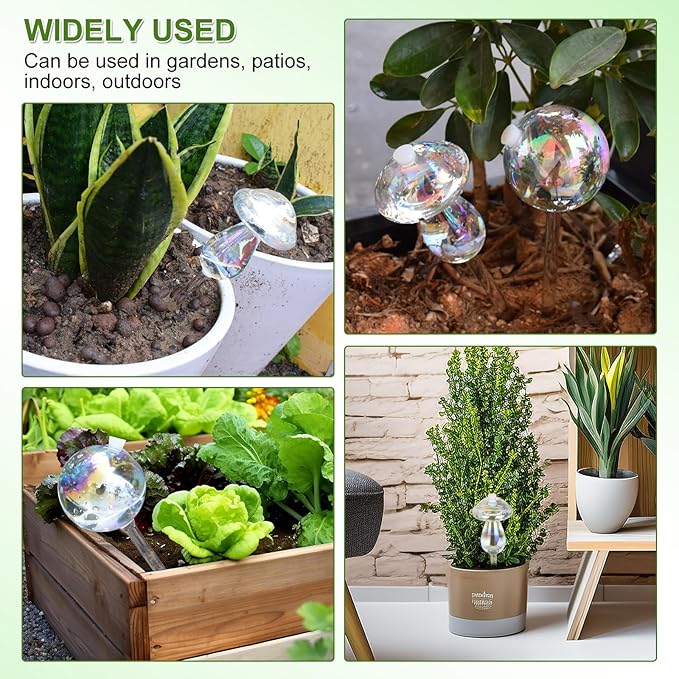 Plant Watering Globes 2PCS Glass Self Watering Planter Insert Device for Indoor Outdoor Plants Rainbow Color Laser Mushroom und Bulb with Hole 5oz 150ml Capacity Automatic Watering for 1 Week