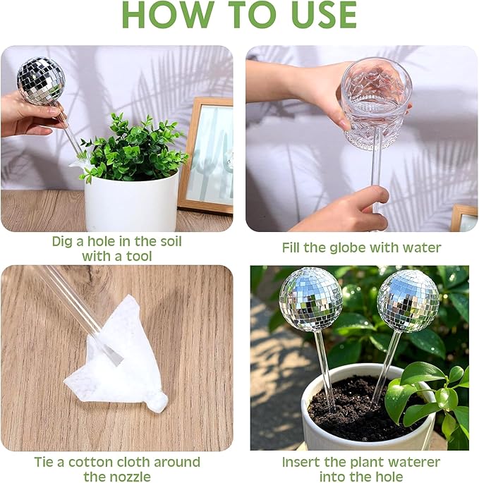 2 Pcs Plant Watering Globes with Disco Ball Decor,Self Watering Bulbs,Self Watering Globes,Sliver Glass Mirror Disco Ball Plant Aqua Bulb,Watering Stakes Spikes Water Bulbs for Indoor Outdoor Plant