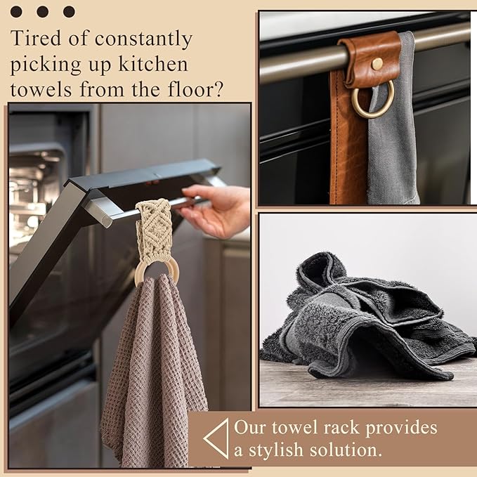 Tioncy 4 Pcs Kitchen Dish Towel Holder Boho Handmade Crochet Hanging Towels Loop Ring Knit Towel Hanger for Cabinet House Oven Stove Door, 4 Colors(Brown)