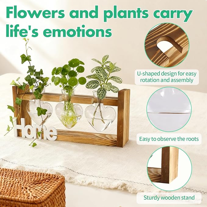 IBEUQEM Heart-Shaped Plant Propagation Station, 3 Glass Plant Terrarium with Wooden Stand, Borosilicate Glass, Hydroponic Planter for Office Garden Home Decor, for Women Lovers