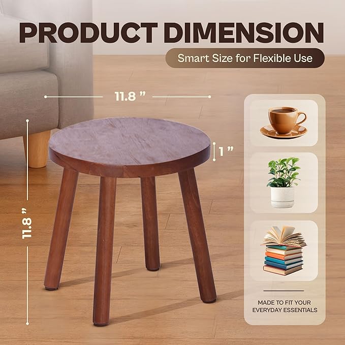Wooden Stool Small Round, Solid Rubberwood Plant Stand Indoor, 11.8" Mini Wood Side Table for Living Room Bedroom Bathroom, Rustic Farmhouse Decorative Stool (Walnut Color)