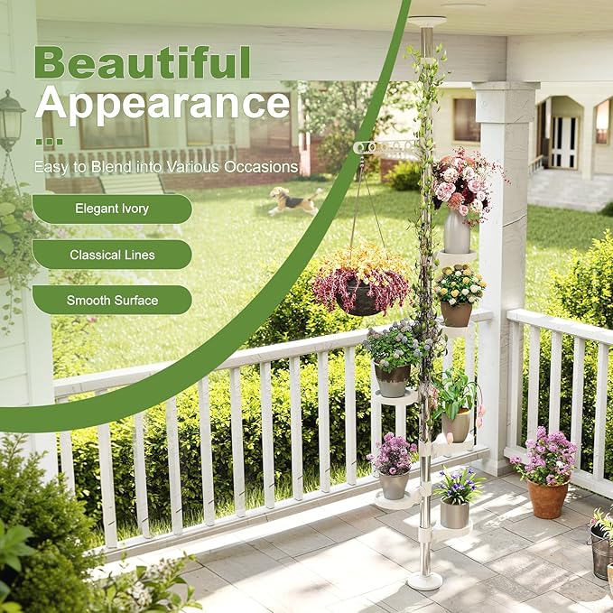 BAOYOUNI 7-Layer Indoor Plant Stands Spring Tension Pole Metal Flower Display Rack Space Saver Corner Floral Pot Hanger Shelf, Ivory