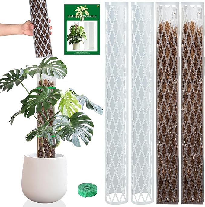 Sisher Monstera Moss Pole 4pcs Plastic Moss Pole for Climbing Plants Work with Sphagnum Moss 16 Inch D Shaped Poles Indoor Plant Support, White