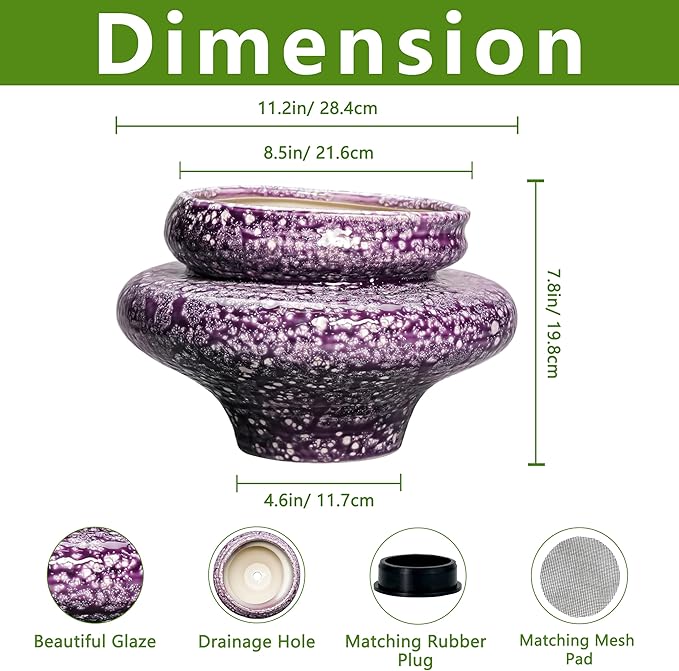 Ceramic Planters - 11 Inch Ceramic Pots for Plants with Drainage Hole, Decorative Planters for Indoor Outdoor, Unique Flower Pots, Garden Office House Decor, Gifts for Plants Lover, Purple