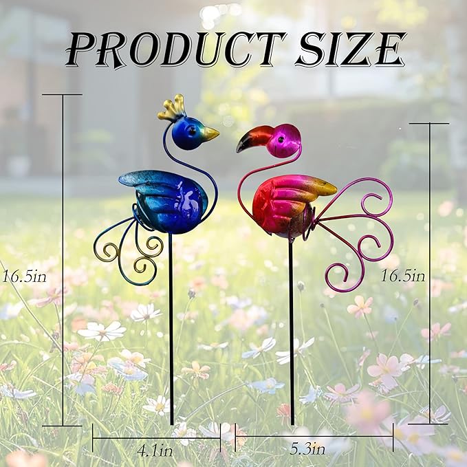 Garden Decor for Outside, Set of 2 Metal 16.5” Decorative Garden Stakes with Peacock Flamingo for Garden Decorations, Welcome Yard Sign Art Stakes for Outdoor Lawn Backyard Porch