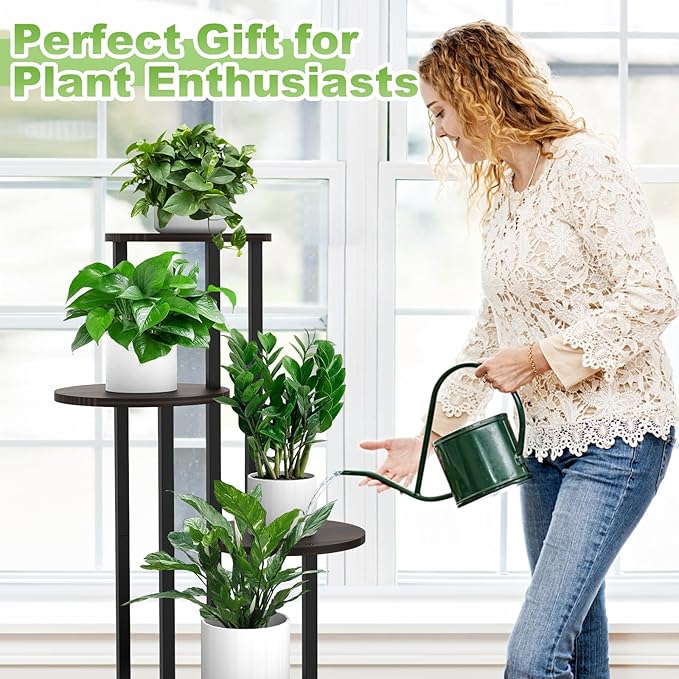 5 Tier Wood Tall Plant Stand Metal Rack Indoor, Multiple Flower Pot Holder Shelves Corner Rack, Round Planter Shelf Display Rack Storage Organizer for Patio Living Room Balcony(Black+Oak)