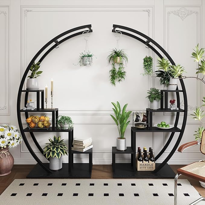 Jojoka Plant Stand Indoor Outdoor 2 Pack, 5 Tier 56" Tall Metal Plant Shelf, Heavy Duty Corner Flower Rack with Hanging Hooks, Multi Plant Holder for Living Room Garden Balcony,Black