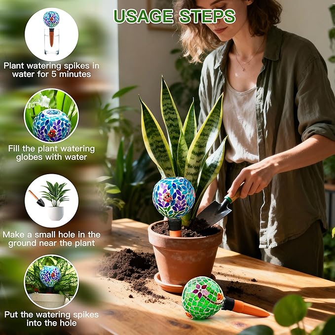 SAVENNA Mosaic Plant Watering Globes with Terracotta Spikes,17oz Glass Self Watering Globes for Indoor & Outdoor Potted Plants,Decorative Water Drippers for Houseplants, Garden & Patio,Set of 2