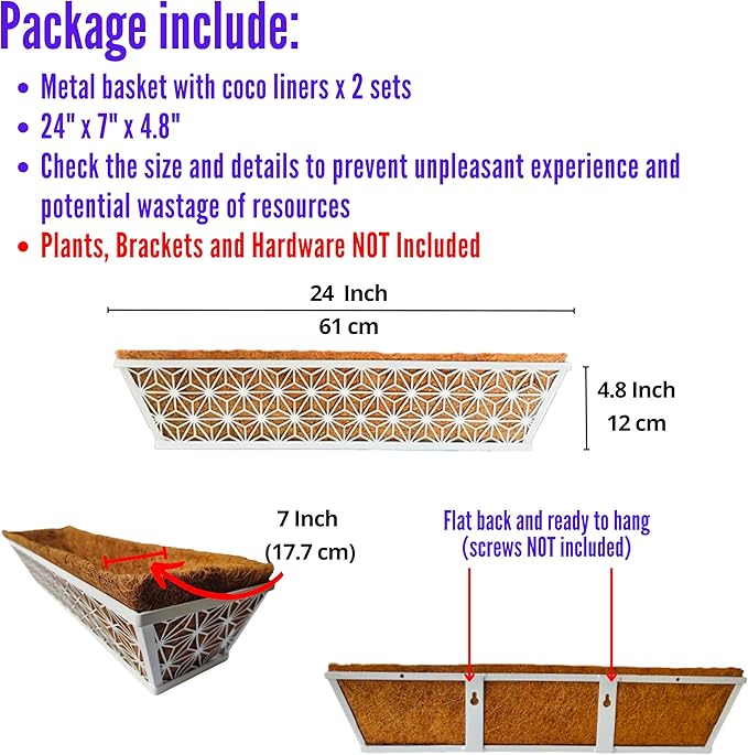 LaLaGreen Window Boxes Planter (2 Pack, 24 Inch) White Metal Rectangular Wall Planters with Coco Liner, Horse Trough Deck Railing for Outdoor Plants Holder, Modern Rail, Balcony, Fence, Porch Patio