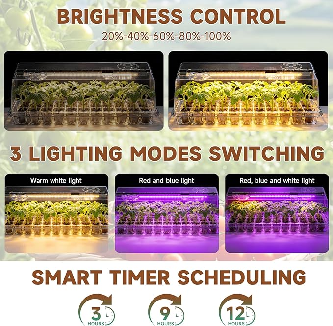 72 Cells Seed Starter Tray with Grow Light, Seed Starter Kit Full Spectrum with 5 Dimmable Brightness & Timer, Indoor Plant Grow Tray for Beginners & Seasoned Gardeners, Gardening Gifts, White