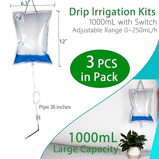 1L Self Watering Plant Bags – Automatic Drip Irrigation Kit with Adjustable Flow Regulator, Compact Vacation Watering System for Indoor Small Potted Plants & Herbs, 3-Pack