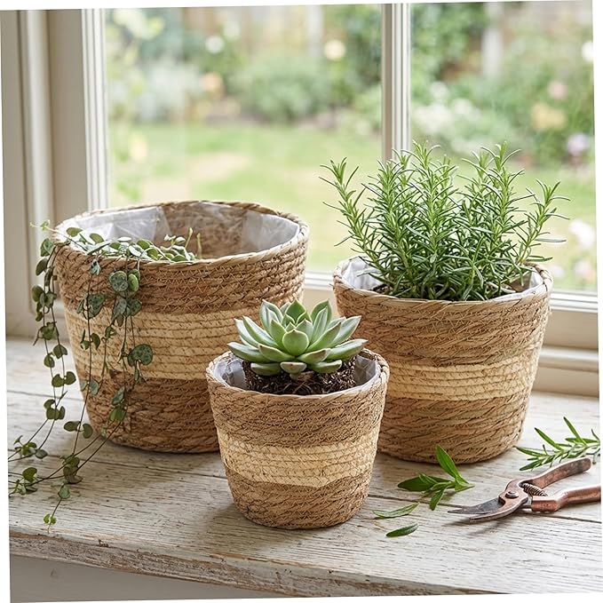3PCS Woven Planter Rustic Seagrass Baskets with Liners for Indoor Plants Natural Rattan Plant Basket (3 Size) Set 2
