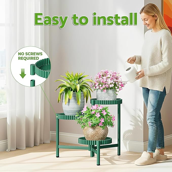Plant Stand Indoor Outdoor, 3 Tier Corner Metal Flower Display Holder Shelf, Folding Tall Plant Rack for House Patio Balcony Porch Living Room, Heavy Duty Anti-Rust Wrought Iron - GreenFloroma