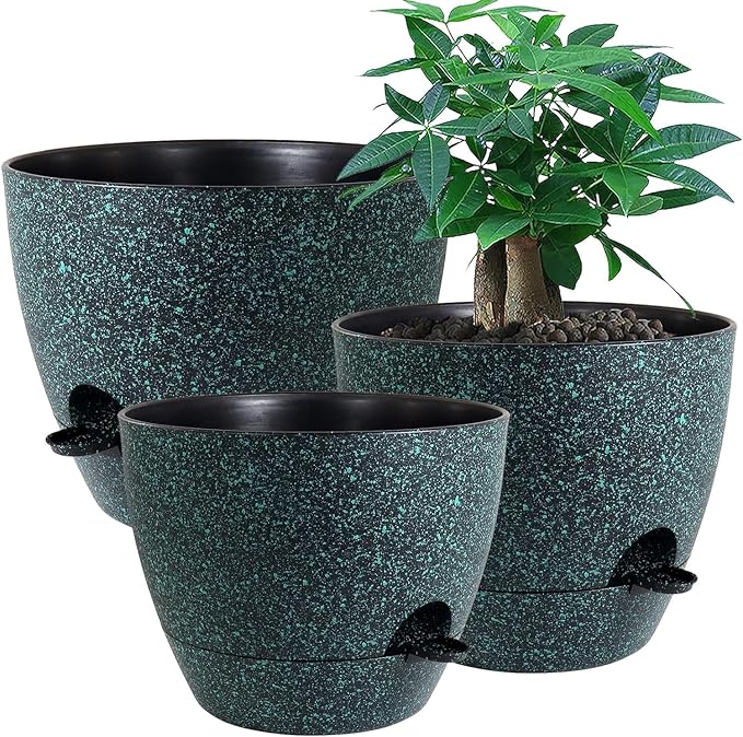 UOUZ Large Self Watering Pots, 12/10/9 Plastic Planters with High Drainage Holes and Deep Reservoir for Indoor Outdoor Garden Plants and Flowers, Black with Green Speckles