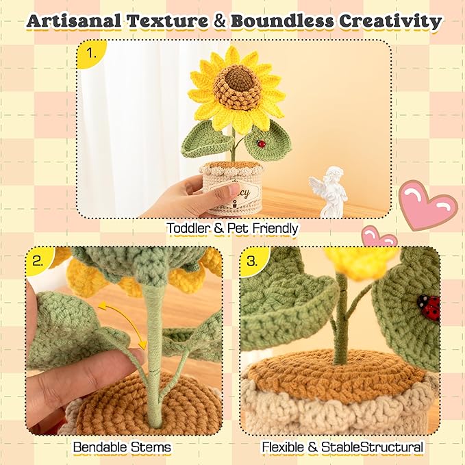 Crochet Flowers with Personalized Leather Name Tag Handmade Knitted Flowers for Home Office Desk Decor Crochet Sunflower Potted Plant for Women,Mother,Teachers, Birthday Crochet Gifts(Yellow)