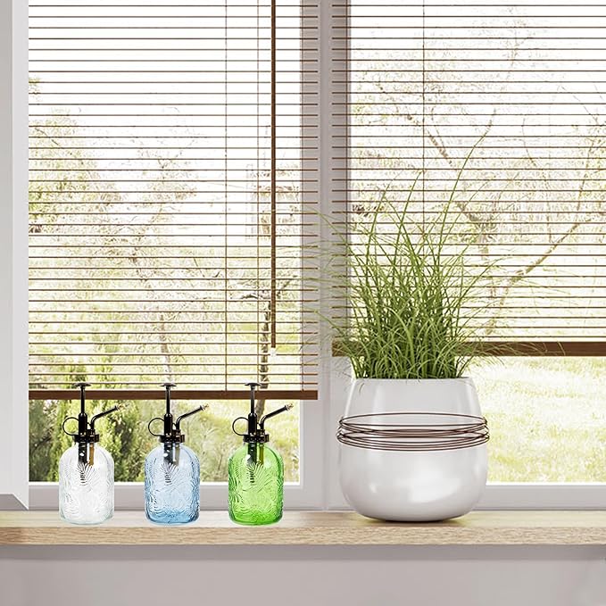 11.8 Ounce Glass Plant Spray Bottle, Glass Leaf Print One Handed Watering Can with Antique Brass Plastic One Handed Top Pump, 7.6 Inch Tall Indoor and Outdoor Plant Small Spray Bottle (Blue)