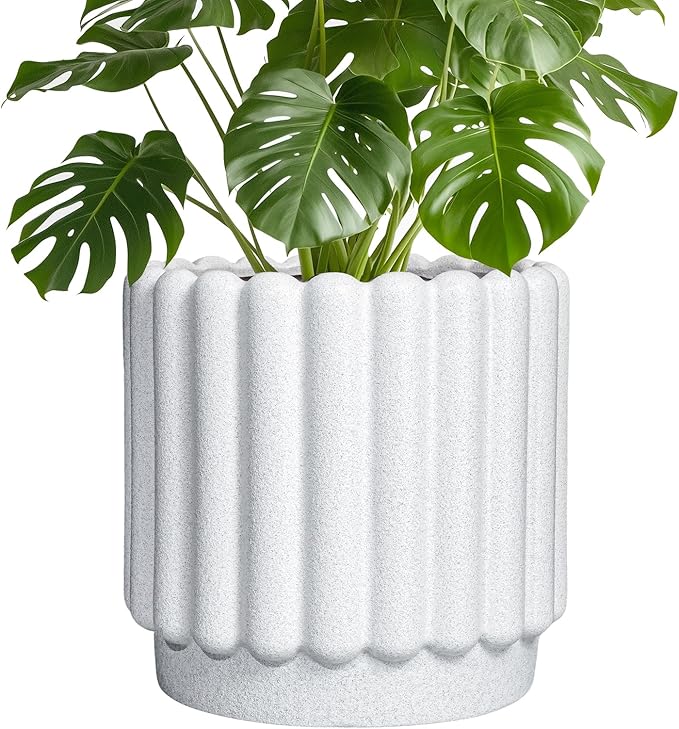 Ceramicfor Ceramic Plant Pots - 9.6 Inch Ceramic Planters with Drainage Hole, Round Flower Pots for Indoor Plants, Modern Fluted Large Planter Outdoor, Home Room Decor, Gardening Gifts, White