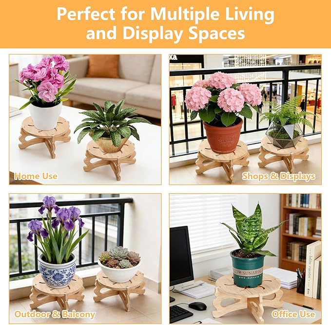 2Pc Plant Stand Indoor,Natural Bamboo Plant Stand Indoor,No Screws Required Stable Outdoor Plant Pot Stand for 5-15 lnch Pots,Mid-Century Modern Plant Stool for Living Room, Balcony, Office