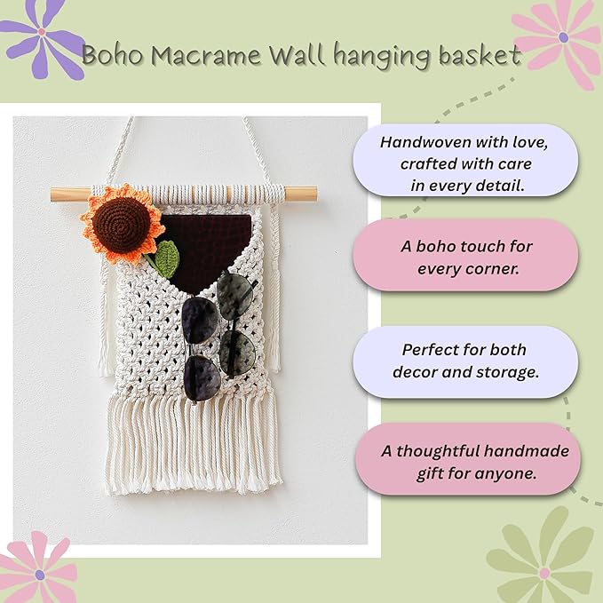 BIMIVAN Macrame Wall Hanging Basket Decor - Boho Wall Basket Decor - Large Wall Art - Mail Organizer Wall Mount - Key And Letter Holder For Wall - Cream White 13 x 15 inches