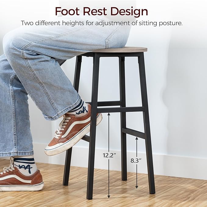 MAHANCRIS Bar Stools, Set of 2 Round Bar Chairs with Footrest, 24.4 Inch Kitchen Breakfast Bar Chairs, Industrial Bar Stools, Easy Assembly, for Dining Room, Kitchen, Greige BAHG0201Z