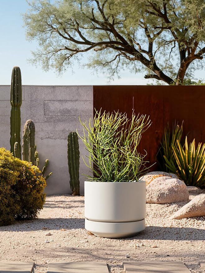 LE TAUCI Large 14 Inch Plant Pot with Saucer | Ceramic Outdoor & Indoor Big Planter Pot | Drainage Hole, Mesh Pad | Unglazed Porous | Modern Minimalist for Home and Patio – Chalk White