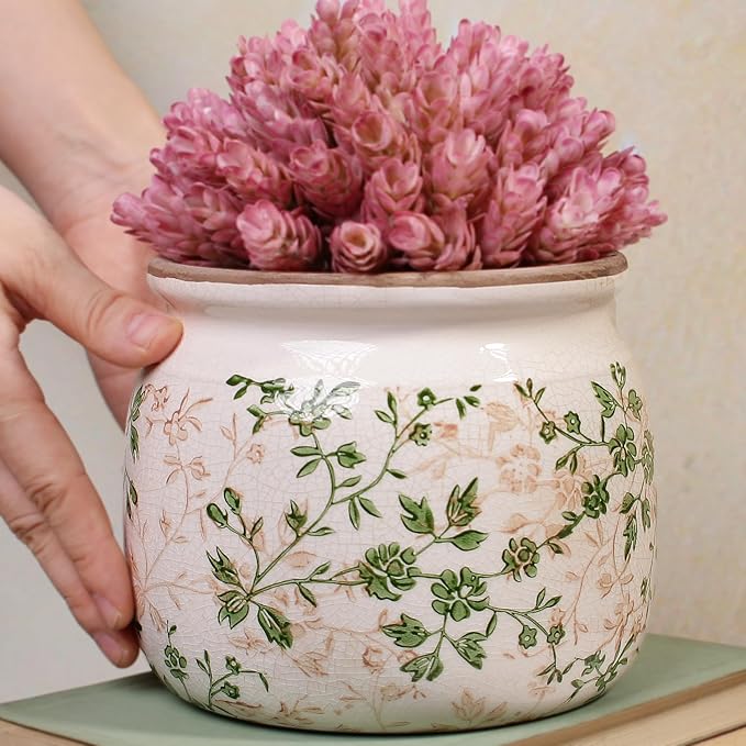 Xiaan Jiaju Vintage Country Ceramic Vase and Planters, 6.29 Inch Small Plant Pots for Indoor English Garden Decor, Old World Room & Home Decor, Sage Beige