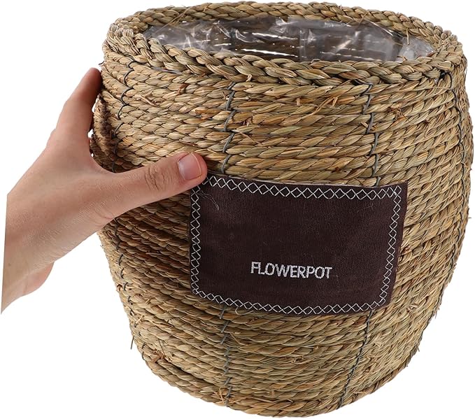 Luxshiny Handwoven Straw Wicker Basket Planter Flower Pot Decorative Storage Holder for Indoor Outdoor Garden Balcony, Medium Large Woven Rattan Plant Container