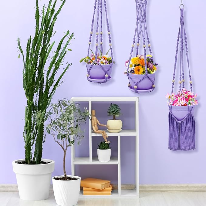 Hushee 3 Pack Crochet Macrame Plant Hanger Hanging Planters for Indoor Plants with Trays and Hooks Hanging Plant Holder Pot with Drainage Hole Boho Plant Hanger for Outdoor Flower Gardening Gift Decor