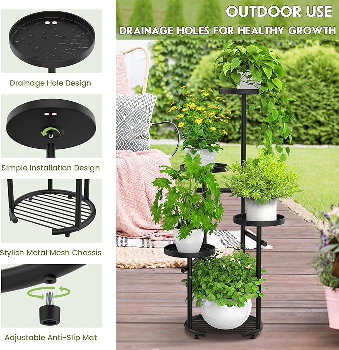 TOSKING 5-Tier Tall Plant Stand Indoor & Outdoor, Anti-Tip Round Base for Pots, Child and Pet Friendly, Heavy Duty Corner Shelf for Multiple Plants, Space-Saving Design for Living Room Balcony Garden (Black, 38in)