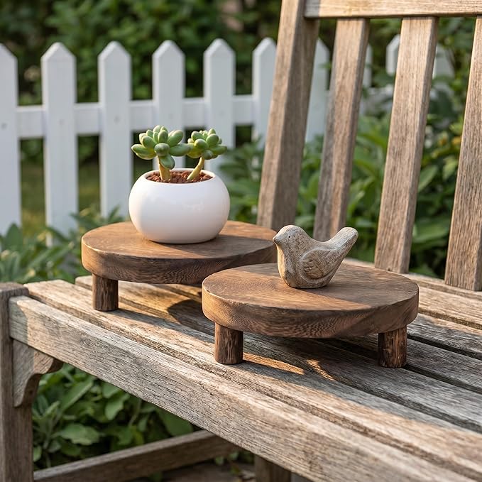 2 Pack Wood Riser Set, 7.8 Inch Natural Wooden Display Stand for Plants Candles Jewelry, Sturdy Elevated Plant Stand with Foot Pads for Kitchen Living Room Bathroom, Rustic Home Decor Gift (Dark Brown)
