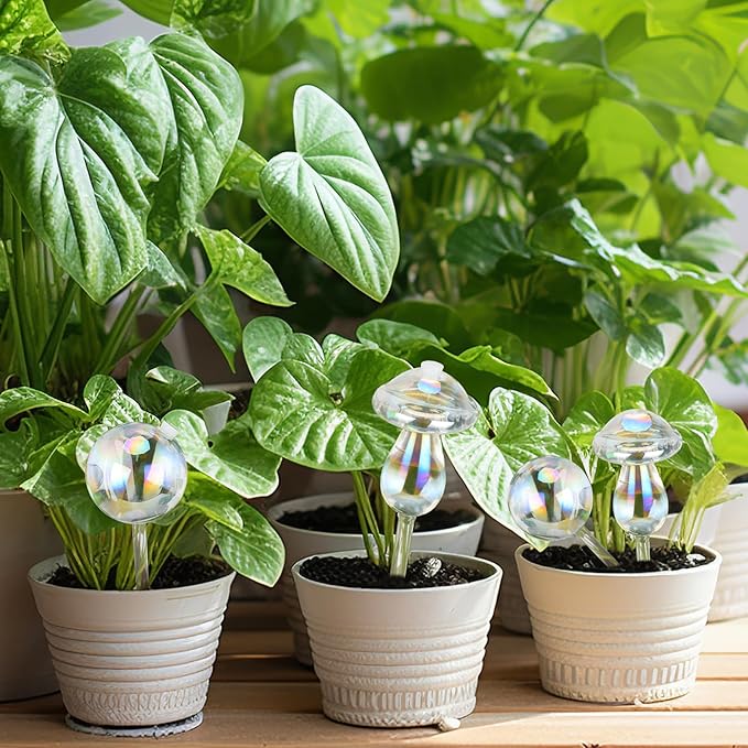 Plant Watering Globes 2PCS Glass Self Watering Planter Insert Device for Indoor Outdoor Plants Rainbow Color Laser Mushroom und Bulb with Hole 5oz 150ml Capacity Automatic Watering for 1 Week