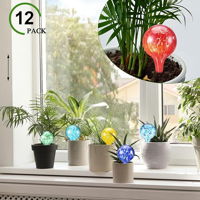 Eccliy 12 Pcs Automatic Plant Watering Globes Glass Self Watering Bulbs Decorative Garden Waterer Cans Glass Drip Ball for Indoor Outdoor Plants Flower Irrigation