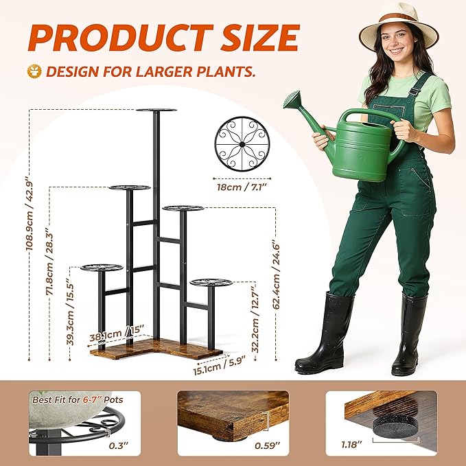 Plant Stand Indoor Outdoor, 6 Tier Tall Metal Wood Shelf Holder Display Rack Flower Pot Stand for Patio Garden Balcony Living Room Bedroom