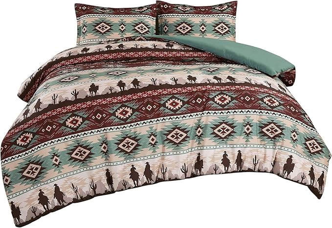 Chezmoi Collection Audun 3-Piece Southwestern Cowboys Aztec Comforter Set - Multicolor Teal Brown Beige Tan Red Printed Washed Microfiber Bedding, Oversized King Size