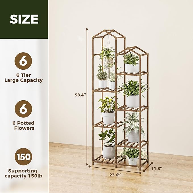Bamworld Roof Shaped Plant Stand Indoor Outdoor 6 Tier Tall Large Wood Plant Shelf Multi Tier Flower Stands Garden Shelves Wooden Plant Display Holder Rack for Living Room Corner
