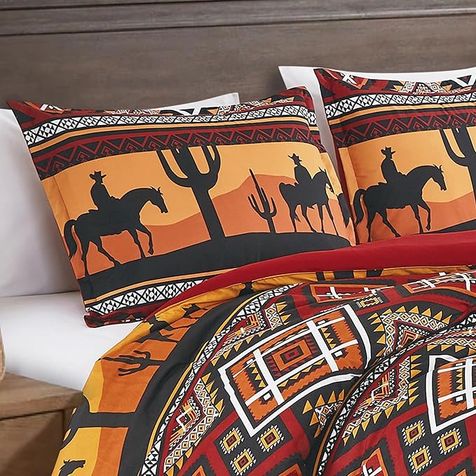 Chezmoi Collection Barrett 3-Piece Southwestern Sunset Cowboys Comforter Set - Multicolor Red Orange Black White Printed Washed Microfiber Bedding, King