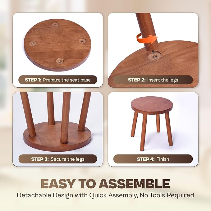 Wooden Stool Small Round, Solid Rubberwood Plant Stand Indoor, 11.8" Mini Wood Side Table for Living Room Bedroom Bathroom, Rustic Farmhouse Decorative Stool (Walnut Color)
