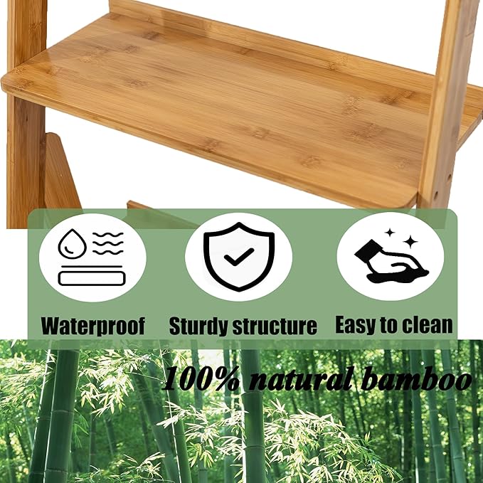 Maydear Bamboo Ladder Shelf Bookcase, 5-Tier Leaning Bookshelf Free Standing Organizer Storage Shelves for Living Room, Bedroom, Kitchen, Home Office, Balcony, Natural Wood | Bookcase, Living Room, Bedroom, Kitchen, Home Office
