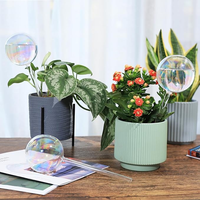 Soilagua 6.8 oz Wick-Controlled Plant Watering Globes, Self Watering Globes for Everyday and Vacation Use, Iridescent Glass Water Bulbs, Automatic Plant Waterer, 4 Pack