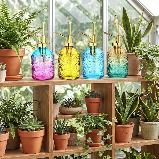 Sliner 6 Pack Glass Plant Mister Spray Bottles 7.7" Tall Glass Water Spray Bottle 12.2 oz Hand Pump Sprayer Fine Mist Watering Can with One Hand Top Pump for Indoor & Outdoor Houseplants(Golden)