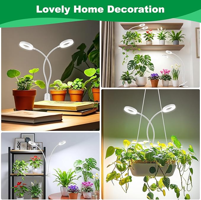 Grow Lights for Indoor Plants, 2 Heads 96 LEDs Full Spectrum Clip On Grow Light with Clip, Plant Lights for Indoor Growing with 3 Lighting Modes, 6/12/16Hrs Auto Time, 5 Brightness.