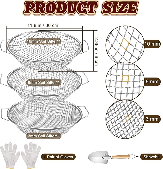 3PCS Soil Sifter for Gardening, Rock Soil Sifter with Handle Compost Sifting Screen for 5 Gallon Buckets with Metal Garden Tool Shovel Gloves 3,6,10mm Mesh Sizes Remove Stone Fine Gravel Sand Dirt