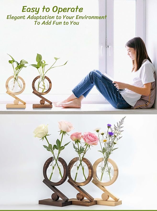 Glass Plant Propagation Station with Wooden Stand and Air Planter Bulb Vase, Birthday Gifts for Home Office Garden Boho Desk Decor (Light Burnt Wood)