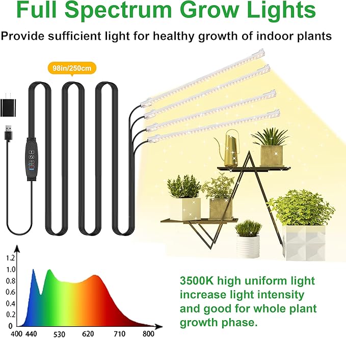 RWNTAO LED Plant Growing Lamp Strips, Full Spectrum 3500K Grow Light for Indoor Plants with 3/9/12H Timer and 10 Dimmable Levels for Green House Hydroponics Succulent, 4 Head 13 Inches