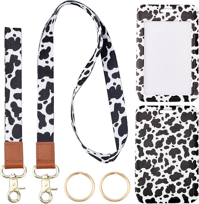 SUNNYCLUE 1 Box ID Badge Holder with Lanyard Breakaway Vertical Name Badge Holders ID Card Holders for Badges Tags Protector Black White Cow 2 Styles Safety Lanyards Wide Strap 360 Lobster Clasps