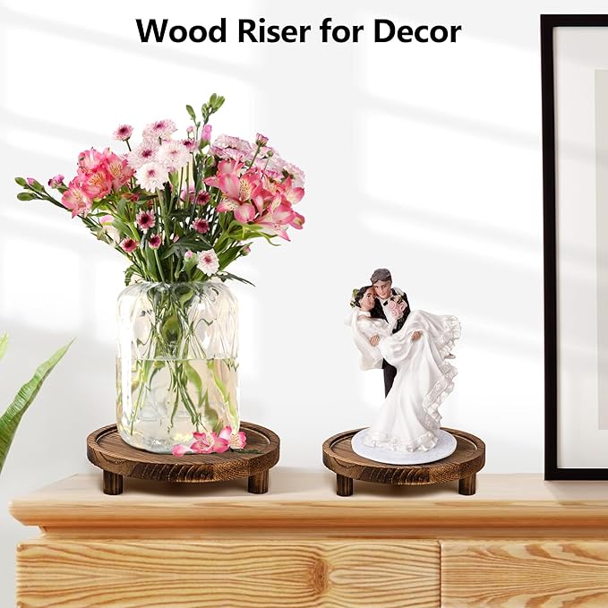 3 Pcs Wooden Display Risers Round Wood Pedestal Stand Mini Plant Tray Stand, 10-6 Inch Rustic-style decorative shelf for Displaying Plants and Candles (Brown)