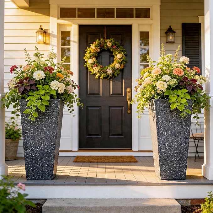 Autodaya 28" Plant Pots Tall Planters for Plants Outdoor Set of 2 Plastic Planter Pot Large Flower Pots Indoor Weather-Resistant for Patio, Porch, Garden, Front Door Christmas Decor Terrazzo Black