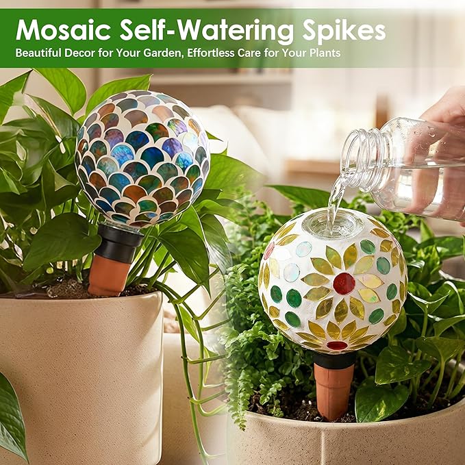 Plant Watering Globes Mosaic Self Watering Spikes 2 Pack for Indoor Outdoor Plants Automatic Plant Waterer Plant Watering Devices for Vacations Pot