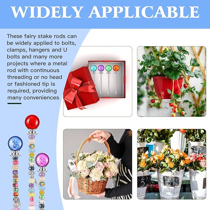 Therwen Pack of 8 DIY Mini Garden Beaded Stakes Wands Kit Include 8 Pcs Threaded Rods, 8 Pcs Hex Nuts and 8 Diamond Stopper Tops Outdoor (12 Inch, 8 Mixed Diamond Top Color)