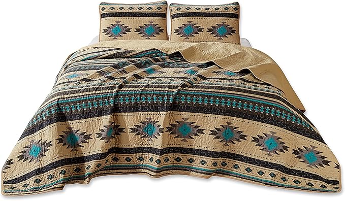 Chezmoi Collection 3-Piece Southwestern Geometric Tribal Quilt Set - Multicolor Teal Beige Black Gray Lightweight Quilted Bedspread Set, Full (90" x 95")